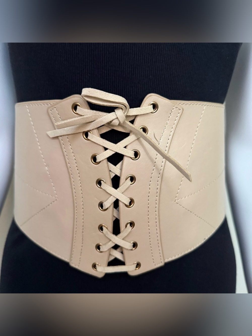 Beige faux leather elastic waistband lace up corset belt